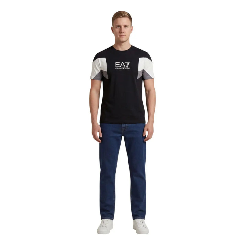 Ea7 men t-shirt in black with white and gray geometric shoulder panels made of comfortable fabric