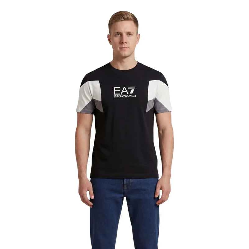Black ea7 emporio armani men t-shirt with white and gray geometric panel accents on the sleeves