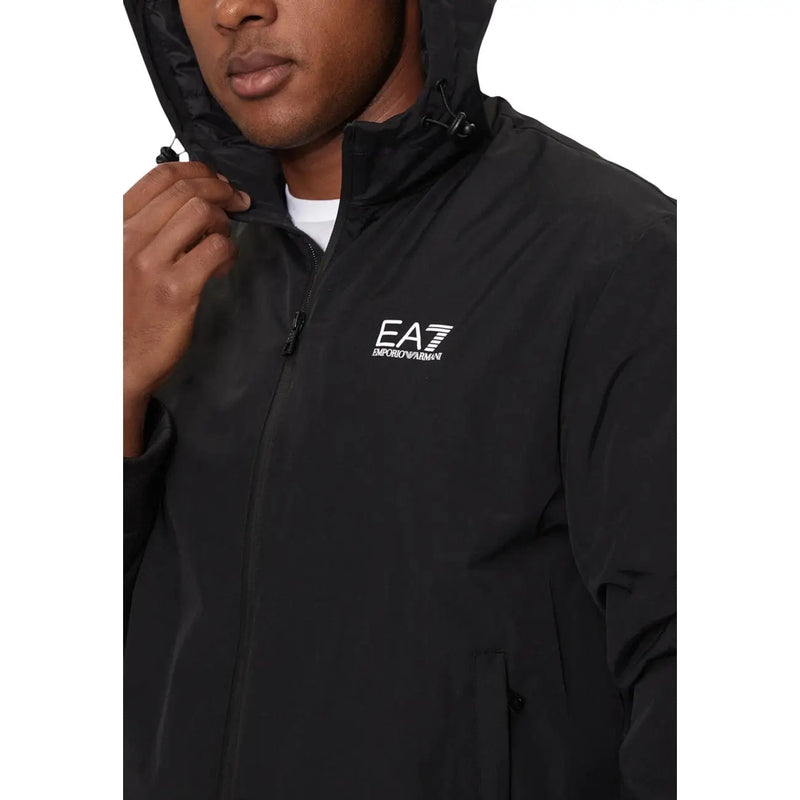 Ea7 men black hooded puffer blazer jacket with sleek water-resistant fabric and subtle white emporio armani logo on chest