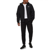 Ea7 men black hooded puffer blazer jacket with matching track suit featuring subtle white logo branding on chest and thigh