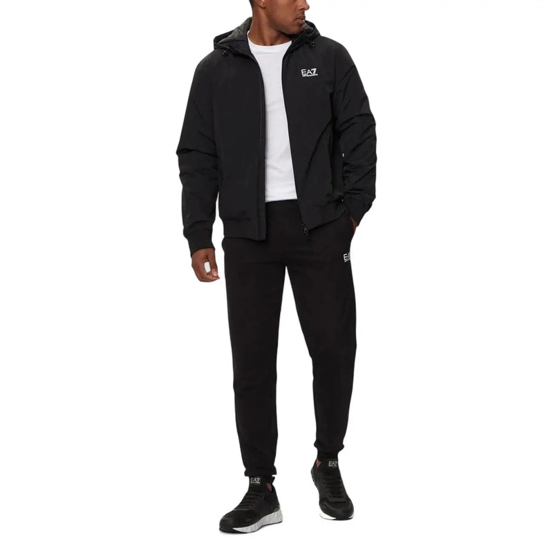 Ea7 men black hooded puffer blazer jacket with matching track suit featuring subtle white logo branding on chest and thigh