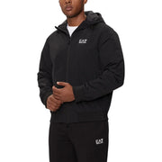 Ea7 men black zip-up hoodie and matching pants with subtle white emporio armani logo on the chest