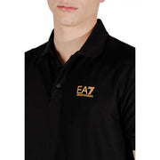 Ea7 men black polo shirt featuring a gold embroidered Emporio Armani logo on the chest made from cotton