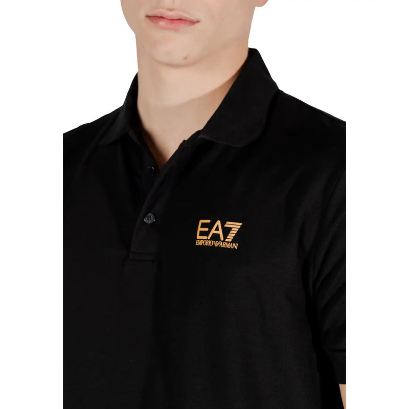 Ea7 men black polo shirt featuring a gold embroidered Emporio Armani logo on the chest made from cotton