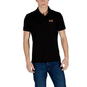 Ea7 men black short-sleeved polo shirt with subtle orange logo on chest in breathable cotton fabric