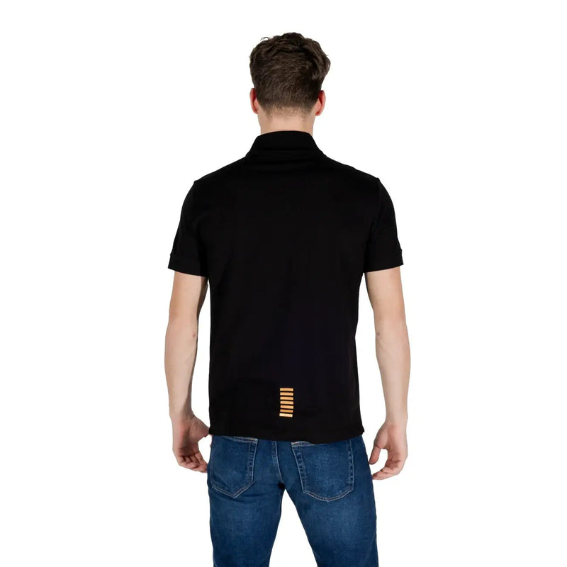Ea7 men black short-sleeved polo shirt showing back side with subtle vertical stripe detail at the lower back