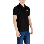 Ea7 men black short-sleeved polo shirt featuring a gold logo on the chest for casual and sporty wear