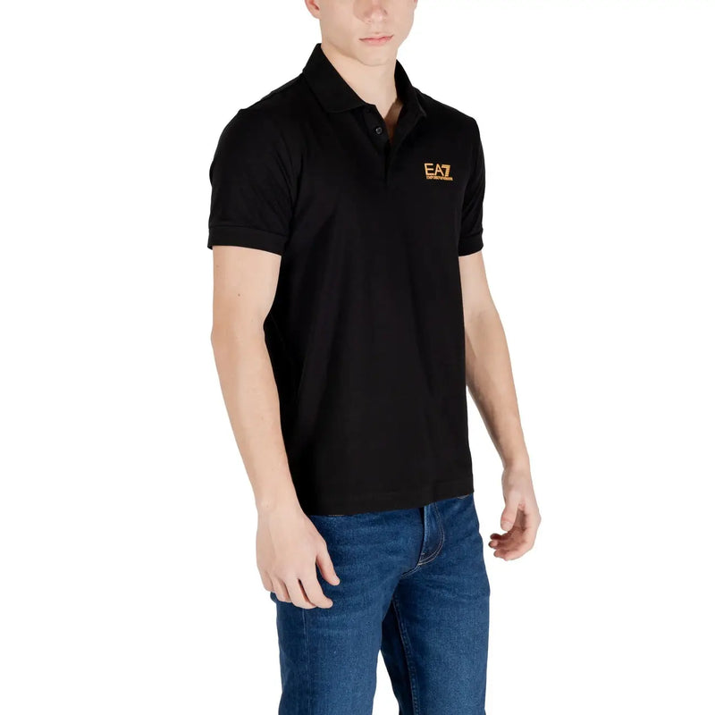 Ea7 men black short-sleeved polo shirt featuring a gold logo on the chest for casual and sporty wear