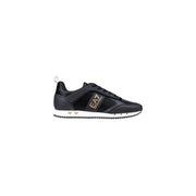 Ea7 men black polyamide slip on sneaker with mesh synthetic overlays and gold logo accents on side and heel back view