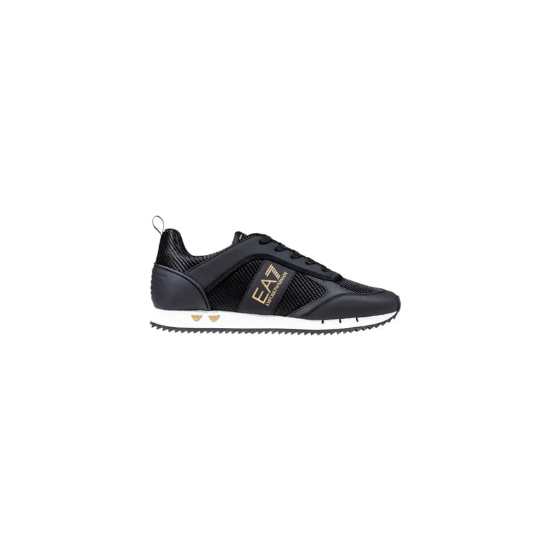 Ea7 men black polyamide slip on sneaker with mesh synthetic overlays and gold logo accents on side and heel back view