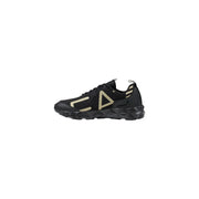 Ea7 Baskets montantes noires en polyester pour homme, style slip-on, avec logo géométrique doré et semelle en caoutchouc texturée.