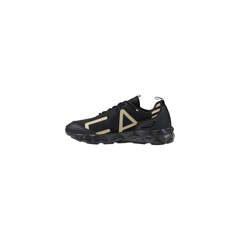 Ea7 Baskets montantes noires en polyester pour homme, style slip-on, avec logo géométrique doré et semelle en caoutchouc texturée.
