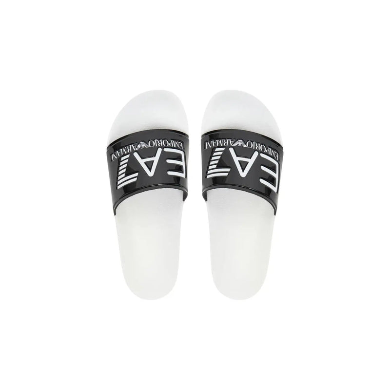 Ea7 Pantoufles noires en PVC pour hommes, inspirées des sandales Emporio Armani blanches à bride noire et logo blanc.