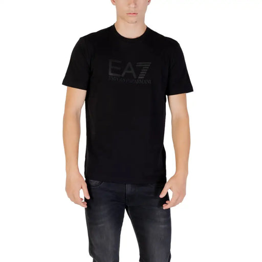 Men’s black crew-neck cotton elastane T-shirt with tonal logo on chest