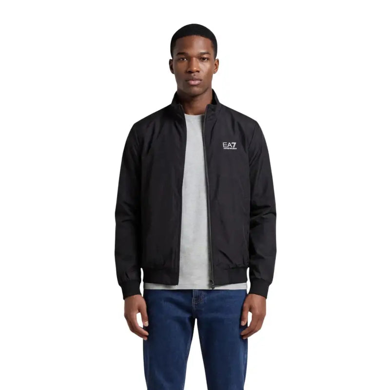 Black ea7 men blazer bomber jacket with subtle white logo on the left chest suitable for casual wear