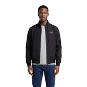 Ea7 Blouson aviateur noir en polyamide pour homme, avec logo blanc discret sur la poitrine gauche et col roulé zippé.