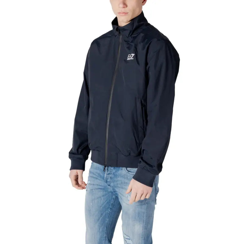 Ea7 men blazer zip-up jacket in black with subtle white logo on left chest, suitable for casual wear