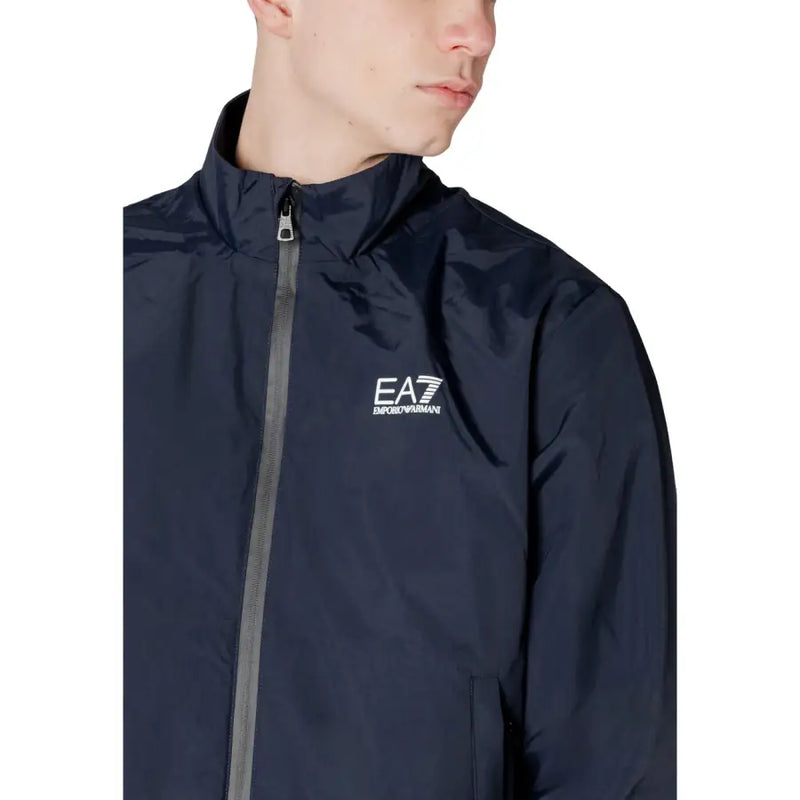 Navy blue lightweight Ea7 men blazer with white embroidered logo zip-up jacket for casual wear