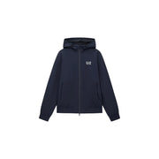 Dark navy blue ea7 men polyamide zip-up hoodie with white logo on left chest for fall winter use
