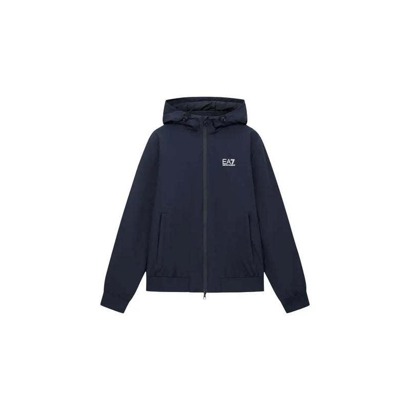 Dark navy blue ea7 men polyamide zip-up hoodie with white logo on left chest for fall winter use
