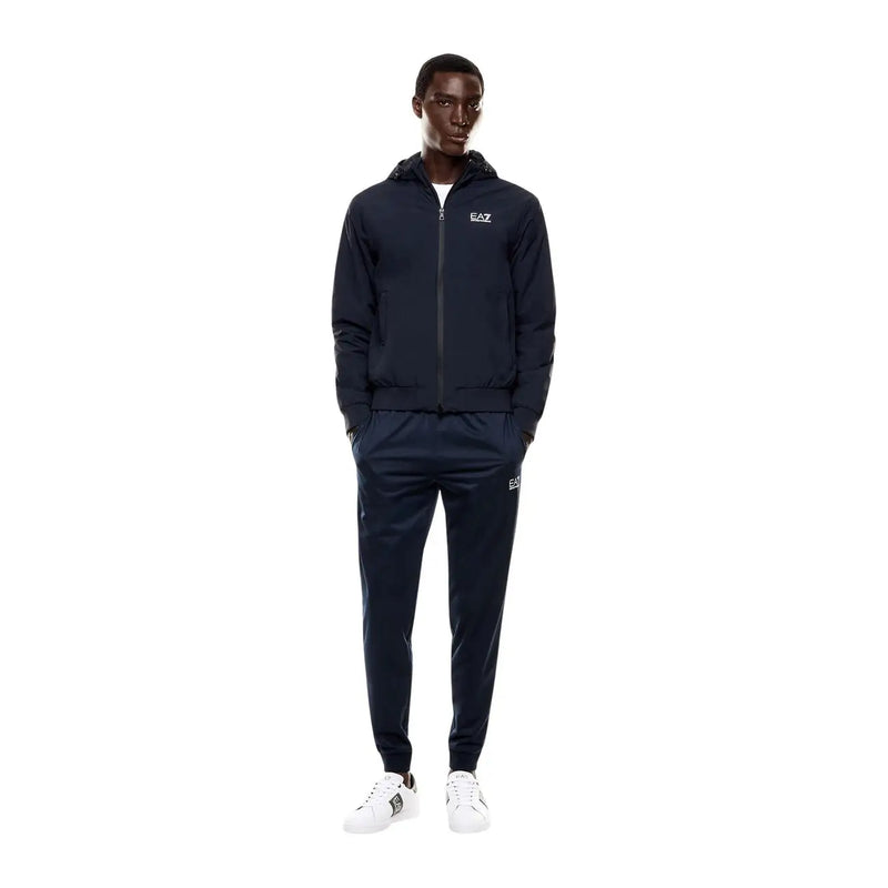 Navy blue ea7 men polyamide track suit with hooded jacket and pants featuring white logo branding fall winter