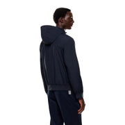 Ea7 men blue polyamide hooded jacket with white striped detailing on sleeve and hem for fall winter wear