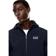 Navy blue ea7 men blue polyamide zip-up hooded jacket with white logo suitable for fall winter wear