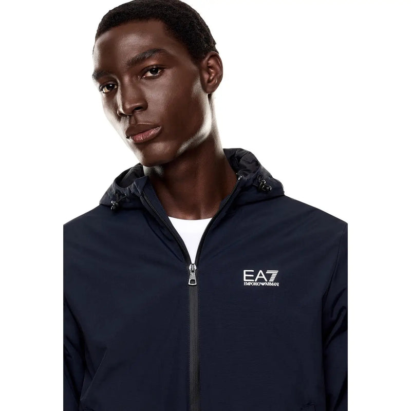 Navy blue ea7 men blue polyamide zip-up hooded jacket with white logo suitable for fall winter wear