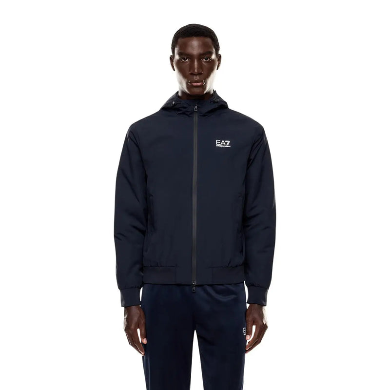 Navy blue ea7 men polyamide zip-up hoodie with white logo on chest for fall winter wear