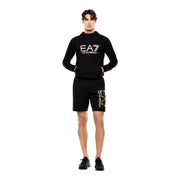 Ea7 Schwarzes Herren-Baumwoll-Sweatshirt für Herbst und Winter mit schwarzer Kapuze und passender Shorts mit goldenem Emporio Armani Logo