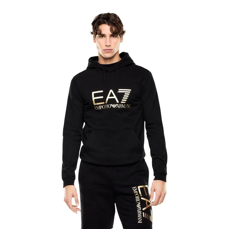 Schwarzer EA7 Emporio Armani Baumwoll-Hoodie und passende Jogginghose mit goldenem Logo für Herren, Herbst/Winter-Kollektion