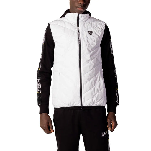 Ea7 men gilet white quilted puffer vest with black zipper logo detailing made of polyester sleeveless jacket