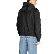 Ea7 men hooded padded jacket in black nylon with ribbed cuffs and long sleeves for lightweight comfort