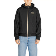 Black ea7 men hooded padded windbreaker jacket with gold zipper and logo made of polyamide long sleeve