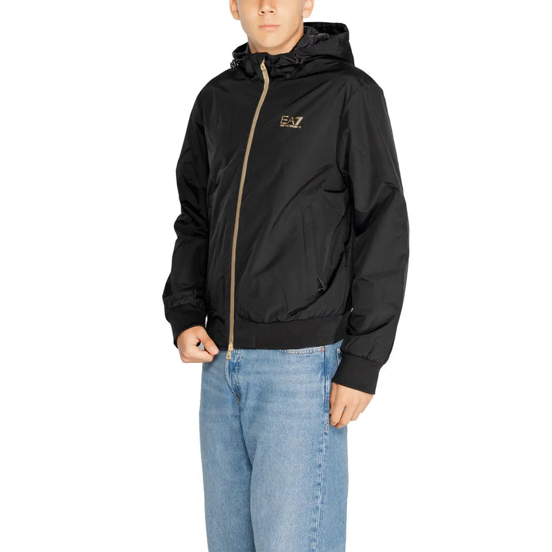 Ea7 men black hooded padded jacket with gold zipper and logo made from long sleeve polyamide material