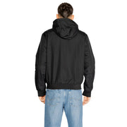 Ea7 men hooded padded jacket black with sleek lightweight polyamide fabric and ribbed cuffs in bomber style