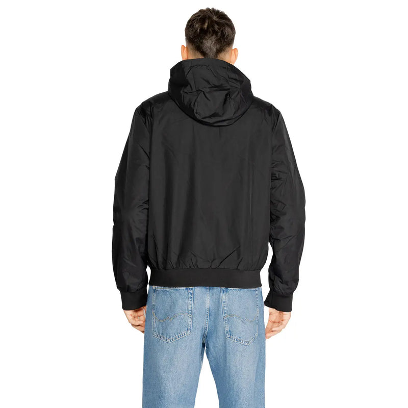 Ea7 men hooded padded jacket black with sleek lightweight polyamide fabric and ribbed cuffs in bomber style