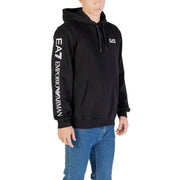 Ea7 men hoodie black cotton blend sweatshirt with white vertical branding on left sleeve and small logo patch on chest