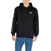 Ea7 men hoodie black cotton blend sweatshirt with white emporio armani logo and sleeve branding