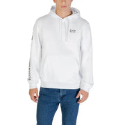 White ea7 emporio armani men hoodie with black logo and sleeve branding made from cotton blend fabric