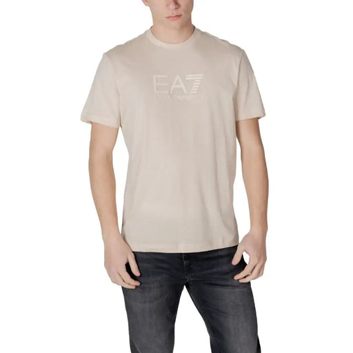 Beige men’s short-sleeved crew-neck cotton T-shirt with subtle logo print for Ea7 Spring Summer Collection