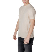 Ea7 men plain beige short sleeve cotton t shirt with subtle embroidered logo for spring summer wear