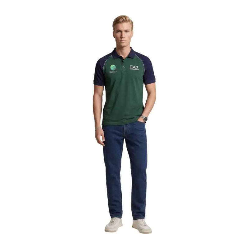 Ea7 men polo shirt blue short sleeve polyamide slim fit in dark green and navy blue with contrasting shoulder panels