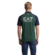 Ea7 men polo shirt blue short sleeve polyamide slim fit showing dark green navy back with white logo and italian flag emblem
