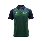 Ea7 men polo shirt blue short sleeve polyamide slim fit in dark green navy with contrasting panels and embroidered logos