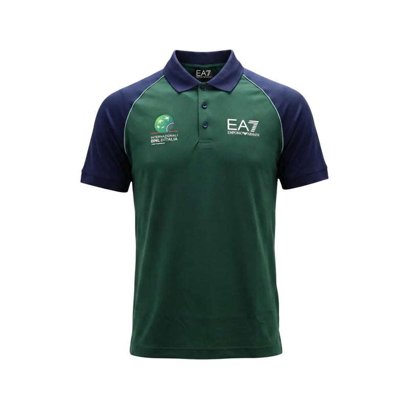 Ea7 men polo shirt blue short sleeve polyamide slim fit in dark green navy with contrasting panels and embroidered logos