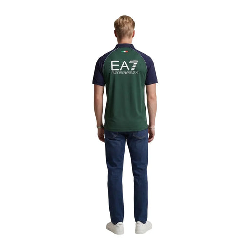 Ea7 men polo shirt blue short sleeve polyamide slim fit showing back with dark green navy and italian flag emblem