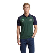 Ea7 men polo shirt blue short sleeve slim fit in dark green and navy blue with white stitching and embroidered logos