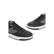 Baskets EA7 pour homme, noires, en polyuréthane, style décontracté, avec logo blanc et semelle en caoutchouc blanc contrastante.