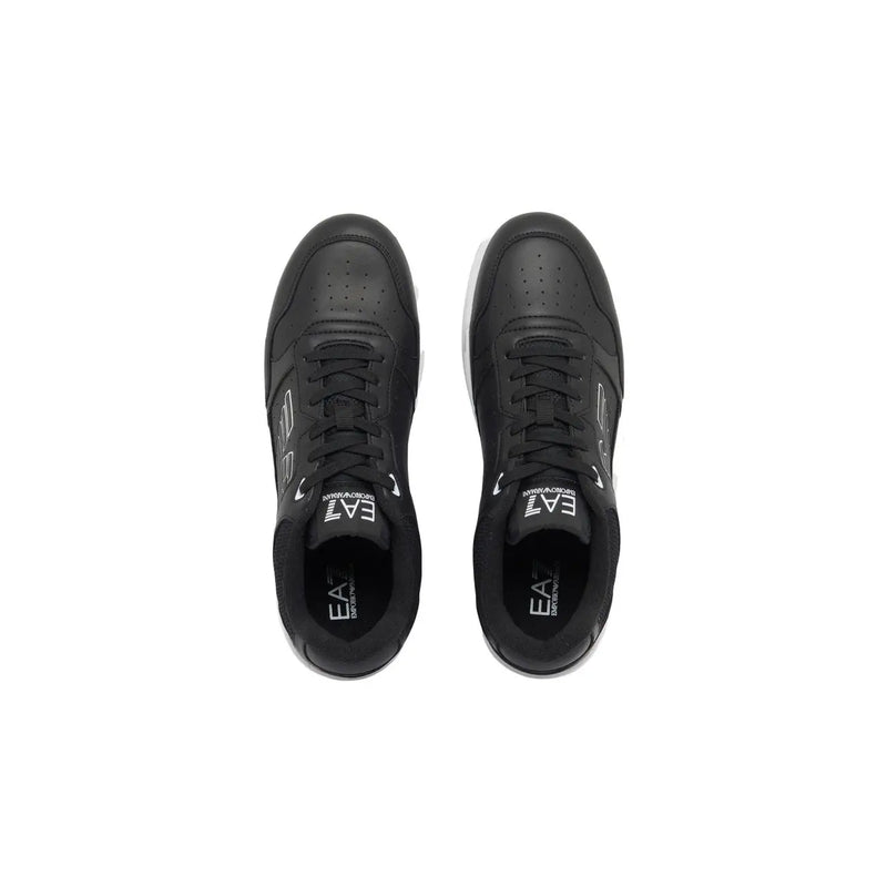 Ea7 Baskets homme en cuir noir avec détails blancs et perforations, chaussures décontractées en polyuréthane
